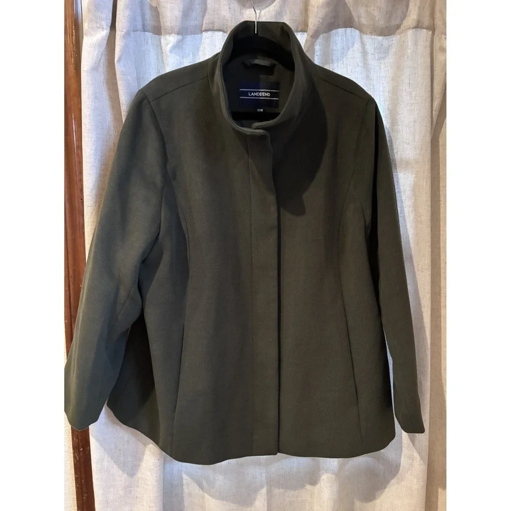 Lands End Womens Plus 18W Olive Green Peacoat Lined Hidden Button‎ Front Coat
